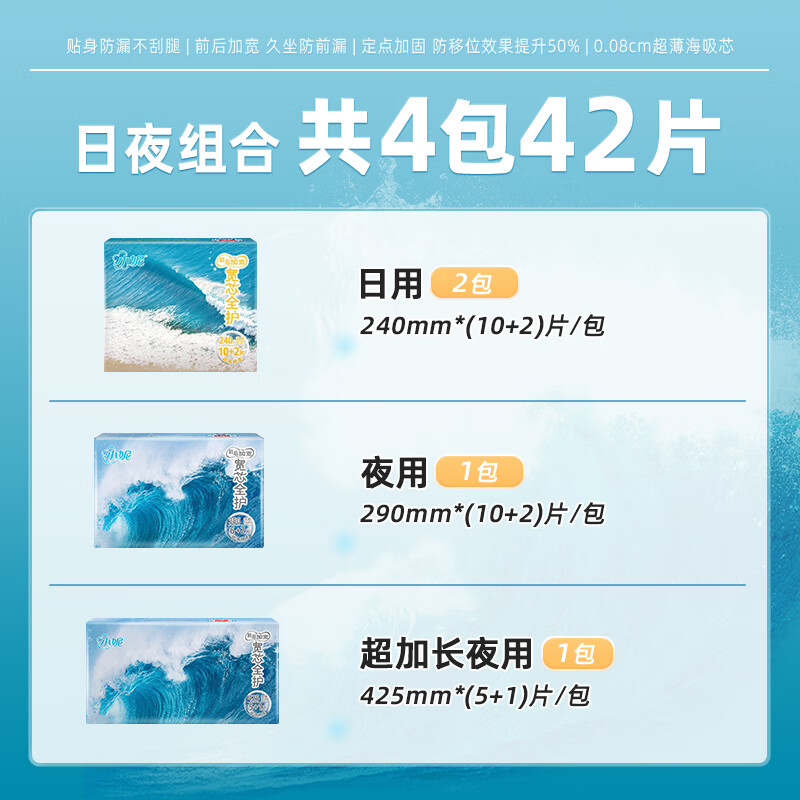 小妮医护级42片防敏防漏瞬吸干爽日夜用卫生巾组合前后加宽超薄姨妈巾