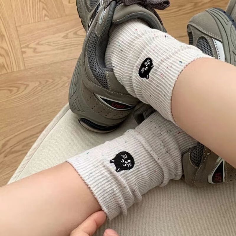 朋意网红春夏季点子纱可爱提花小狗猫袜子女中筒袜透气白色日系ins潮 米+灰【共两双】2双 均码 袜子