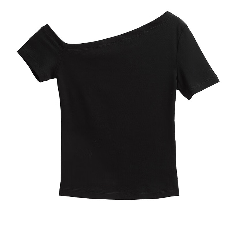 莫代尔辣妹一字领露斜肩短袖t恤女内搭修身显瘦打底弹力上衣T恤衫 黑色 M (适合体重95-115斤