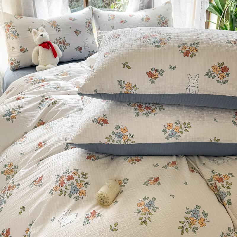 多兰诗（Duolanshi）A类小清新有氧提花四件套亲肤透气宿舍单双人春夏四件套 花田梦 1.8米 床单款 被套200*230 四件套