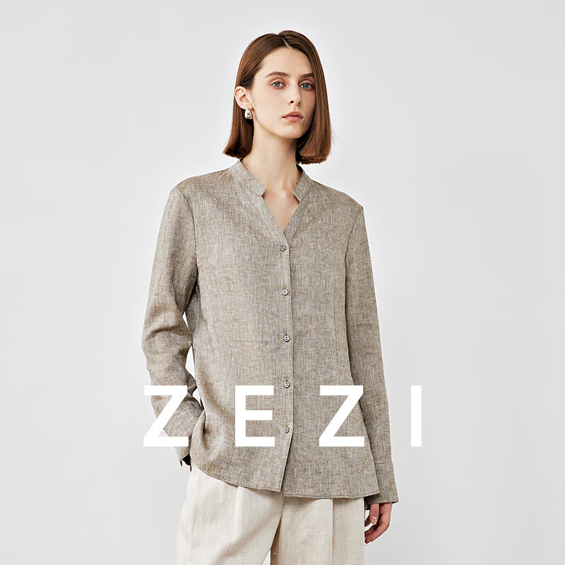 ZEZI100%亚麻纯色立领长袖衬衫女士时尚休闲衬衣2025年夏秋新款上衣 春水绿 XL (130-140斤)