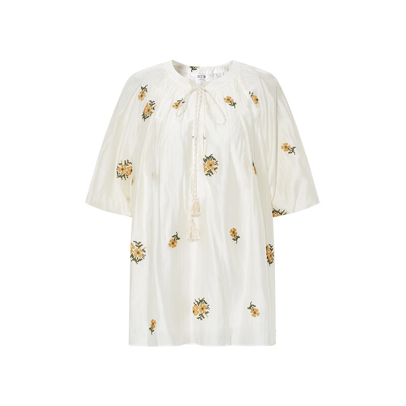 兩三事刺繡雪紡衫女2025夏季新款寬松短袖襯衫燈籠袖上衣微云落花 黃色 M