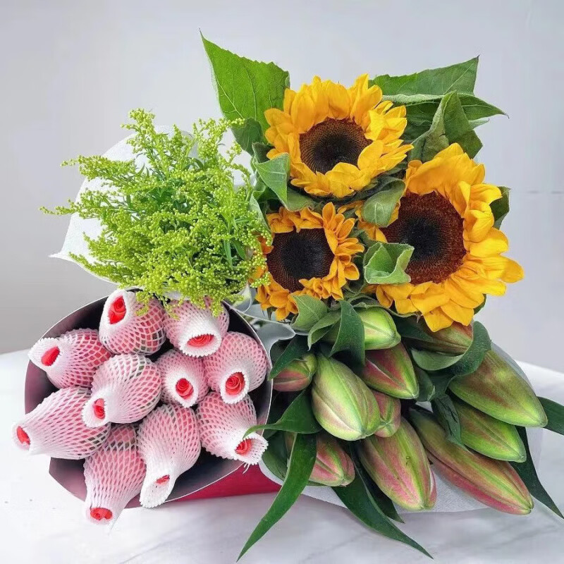 朵芮蜜鲜花云南基地直发多头百合花玫瑰鲜切花礼物情人节花束批发年宵花 10支玫瑰+5朵百合+向日葵3支+配草3支 云南基地 当天现采直发