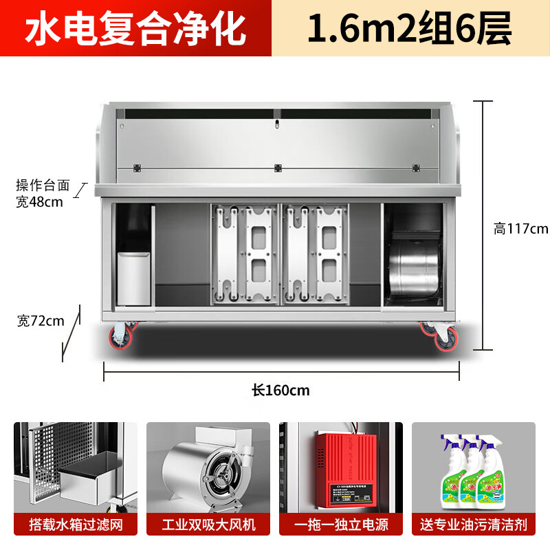 獵鋼狼平吸款無煙燒烤車商用移動擺攤夜市油煙凈化器一體機燒烤爐架子 【1.6m水電復(fù)合凈化】雙組6層