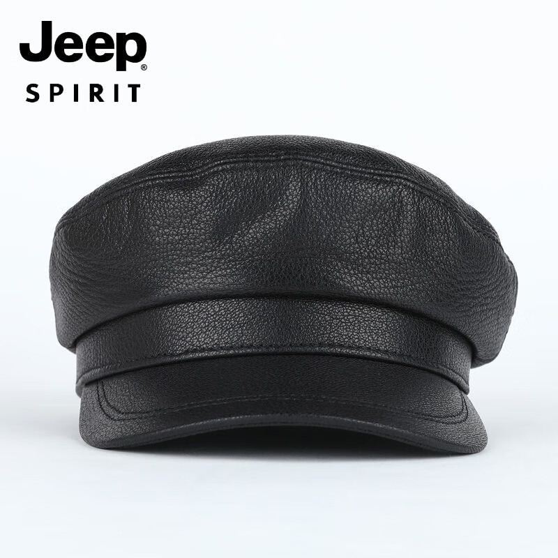 JEEP中老年解放军帽男士真皮帽子秋冬季平顶帽女韩版潮流百搭帽时尚 帽檐无线 M L【适合55-56c】
