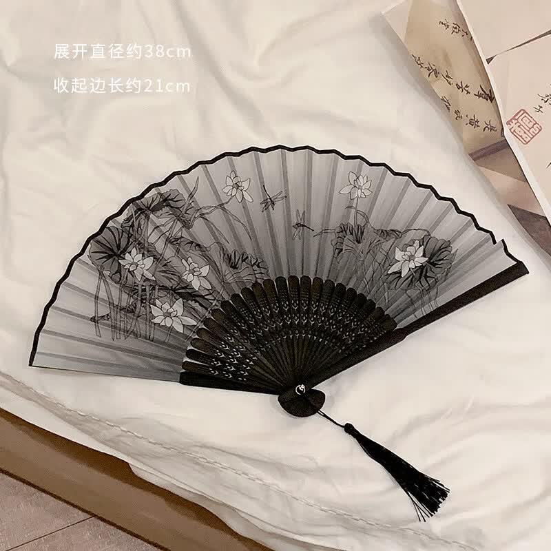 朋意中国风折扇潮流古典布料扇子文艺随身携带复古风小扇子 【清涟净植】荷花扇 【25根扇骨】