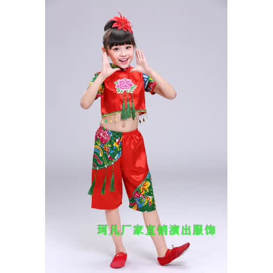 兰伶坊六一新款幼儿开门红秧歌服儿童喜庆梦娃演出服中国风民族舞蹈服装 A款花布女款上衣+裤子_建议拍大 100 cm
