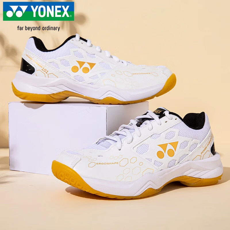 YONEX尤尼克斯羽毛球鞋yy入门级训练减震动力垫男女SHB101CR 白/金40.5 – 仅售258元！