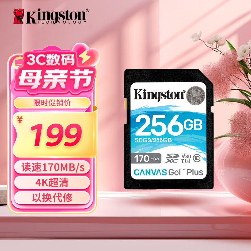 金士顿（Kingston）256GB SD存储卡 U3 V30 相机内存卡 高速sd卡大卡 4K超高清拍摄 读速170MB/s 写速90MB/s