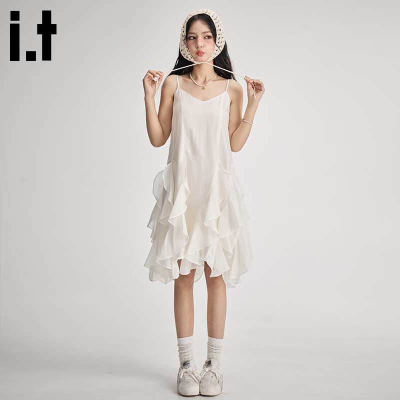 :CHOCOOLATE it白色无袖吊带连衣裙子女夏季法式初恋收腰中款长裙 杏色 均码