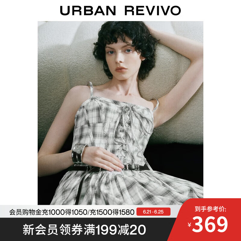 UR【明星同款】2025夏季新款女装撞色花苞吊带连衣裙UYV750045 米白格子 S