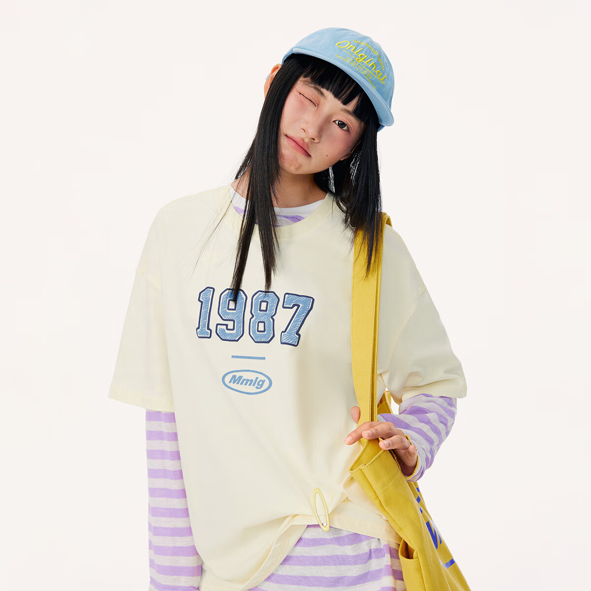 Mmlg 87mm 纯棉短袖T恤女夏季新款潮牌印花复古百搭韩系情侣半截袖 米色 S