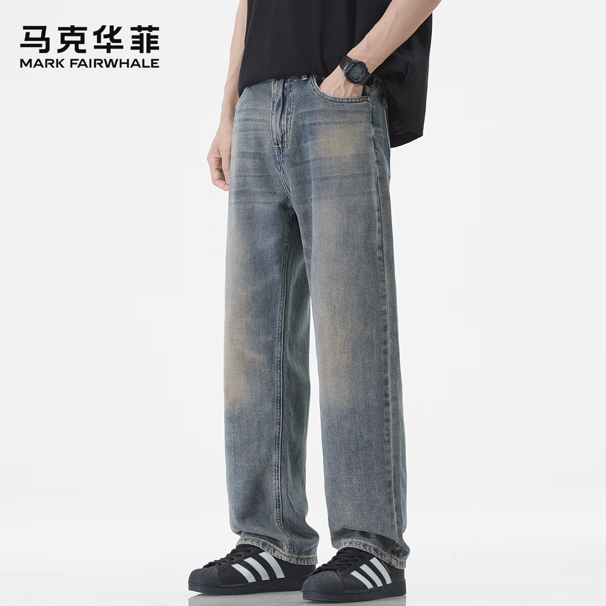 马克华菲美式复古直筒牛仔裤男2025秋冬潮牌宽松百搭休闲做旧长裤子男