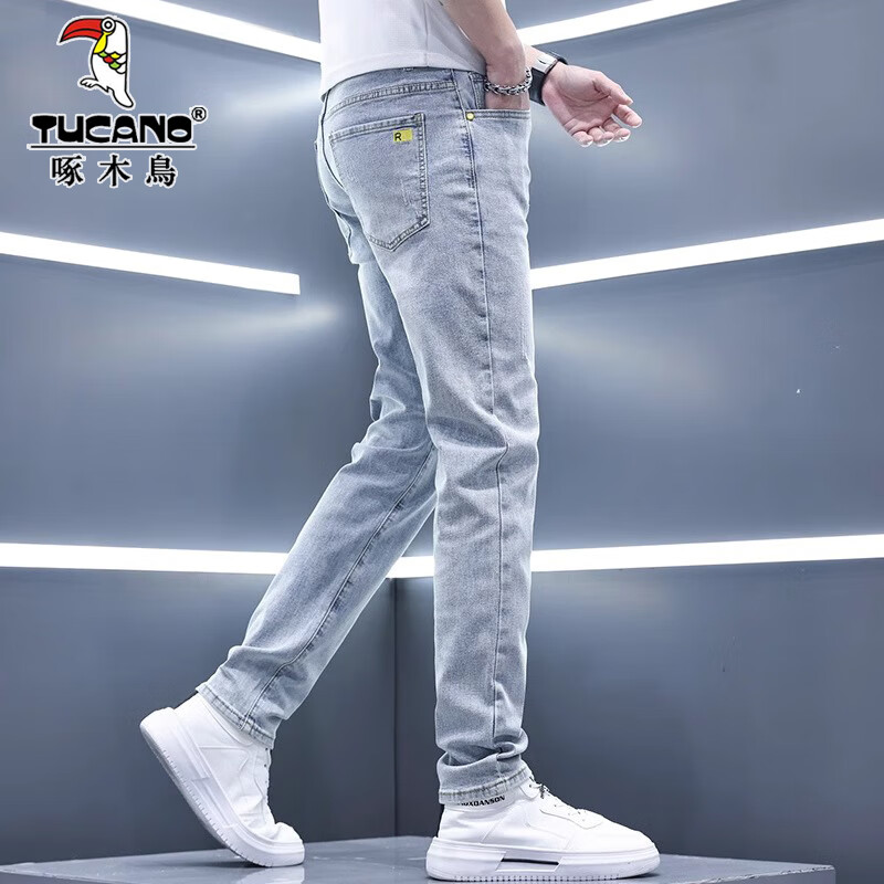 啄木鸟高端牛仔裤男潮流秋冬新款加绒男士牛仔裤休闲裤修身小脚弹力长裤 1632浅蓝色 31
