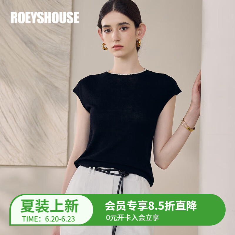 ROEYSHOUSE罗衣气质圆领修身黑色针织衫女2025夏季时尚上衣百搭短袖T恤12465 黑色 L
