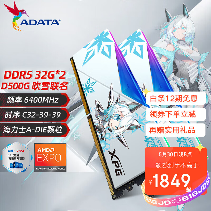 威刚（ADATA）XPG龙耀D500G DDR5内存条华硕吹雪姬ROG姬联名套条RGB灯条海力士A-DIE颗粒台式电脑用支持AMD EXPO D500G 吹雪联名 32G*2 6400 C32