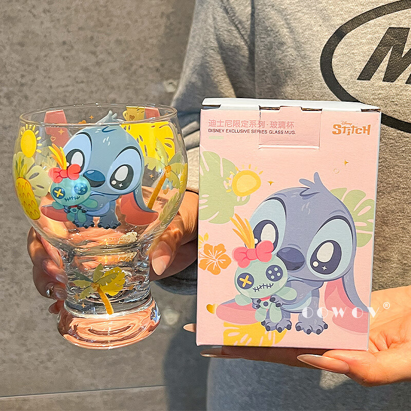 迪士尼（Disney）史迪奇啤酒杯子玻璃水杯早餐儿童牛奶杯情侣高脚冷饮杯 夏日玻璃啤酒杯-史迪奇礼盒装