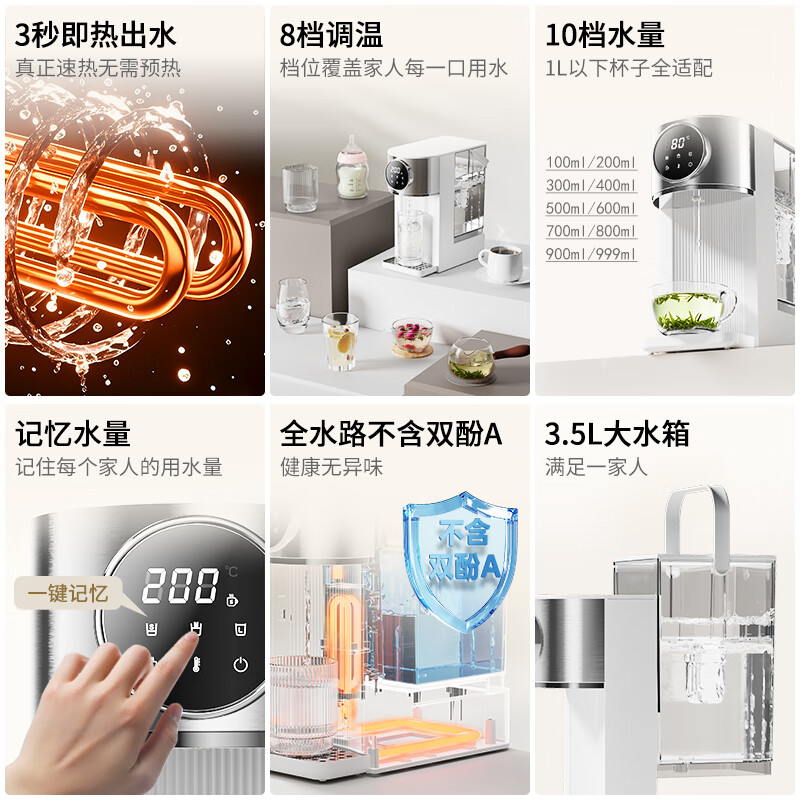 安联即热式饮水机家用台式小型桌面饮水烧水直饮机烧水壶 3秒速热 3.2L抗菌水箱办公室 即热型 【记忆水量 8档调温】白色 带滤芯 
