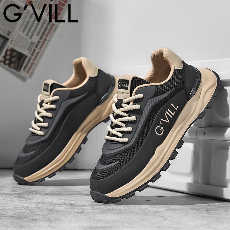 贵之步新款秋冬季舒适软底防滑缓震休闲鞋男款厚底增高运动鞋男鞋 黑杏 G003 42 （运动鞋码）