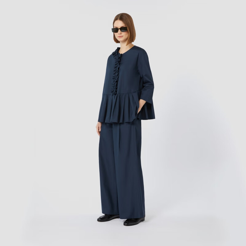 MaxMara 2025早秋新品女装荷叶边水洗棉府绸衬衫9116075106 深蓝色 34
