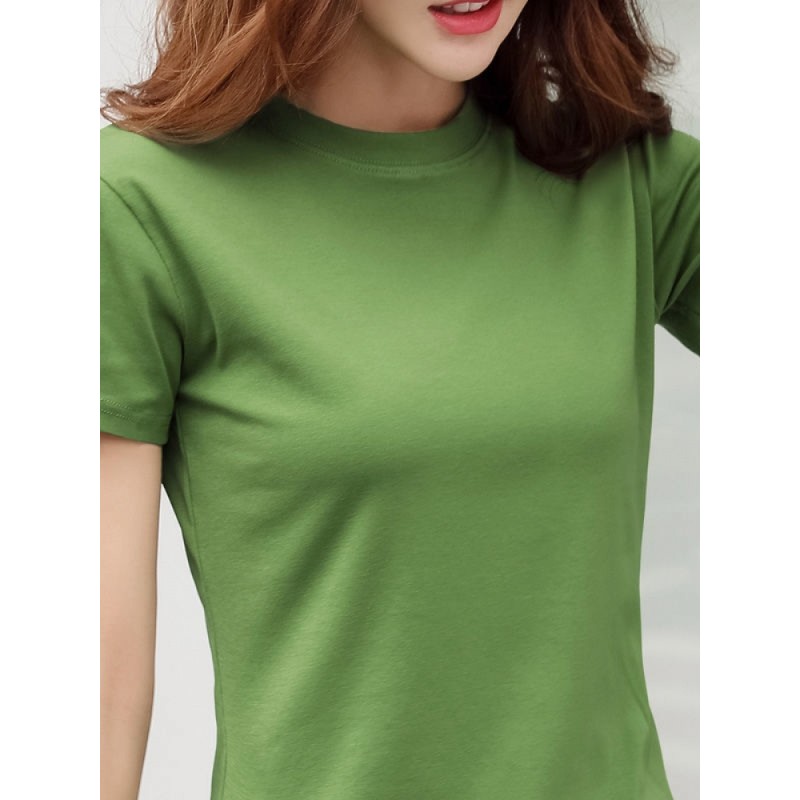 品牌小圆领短袖t恤女95棉修身夏季简约纯色内搭外穿绿色打底上衣 绿色