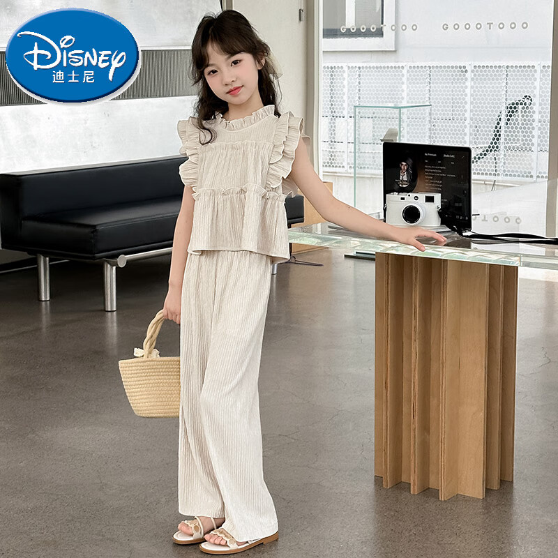 迪士尼（Disney）女童娃娃衫套裝夏款2025網(wǎng)紅洋氣女孩雪紡薄款上衣闊腿褲兩件套潮 米白色 120 cm