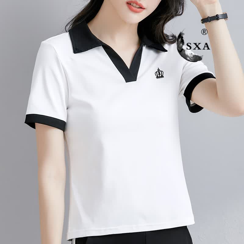SXA香港潮牌棉短袖T恤女v领上衣翻领夏季女装2025新款撞色修身 白色 L