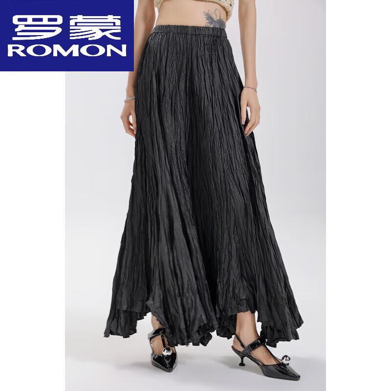 羅蒙（ROMON）官方褶皺半身長(zhǎng)裙女720度大擺裙不規(guī)則超長(zhǎng)款拖地長(zhǎng)裙百褶裙顯瘦 黑色 均碼