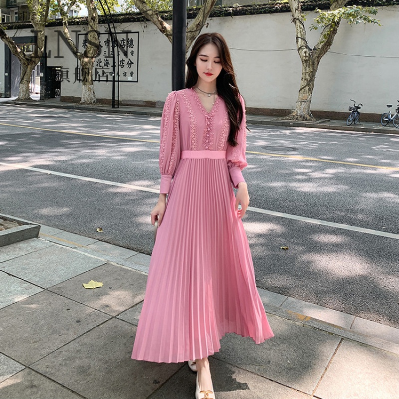 复古长袖连衣裙女2022春秋新款女名媛淑女气质长款法式长裙 樱花粉 s