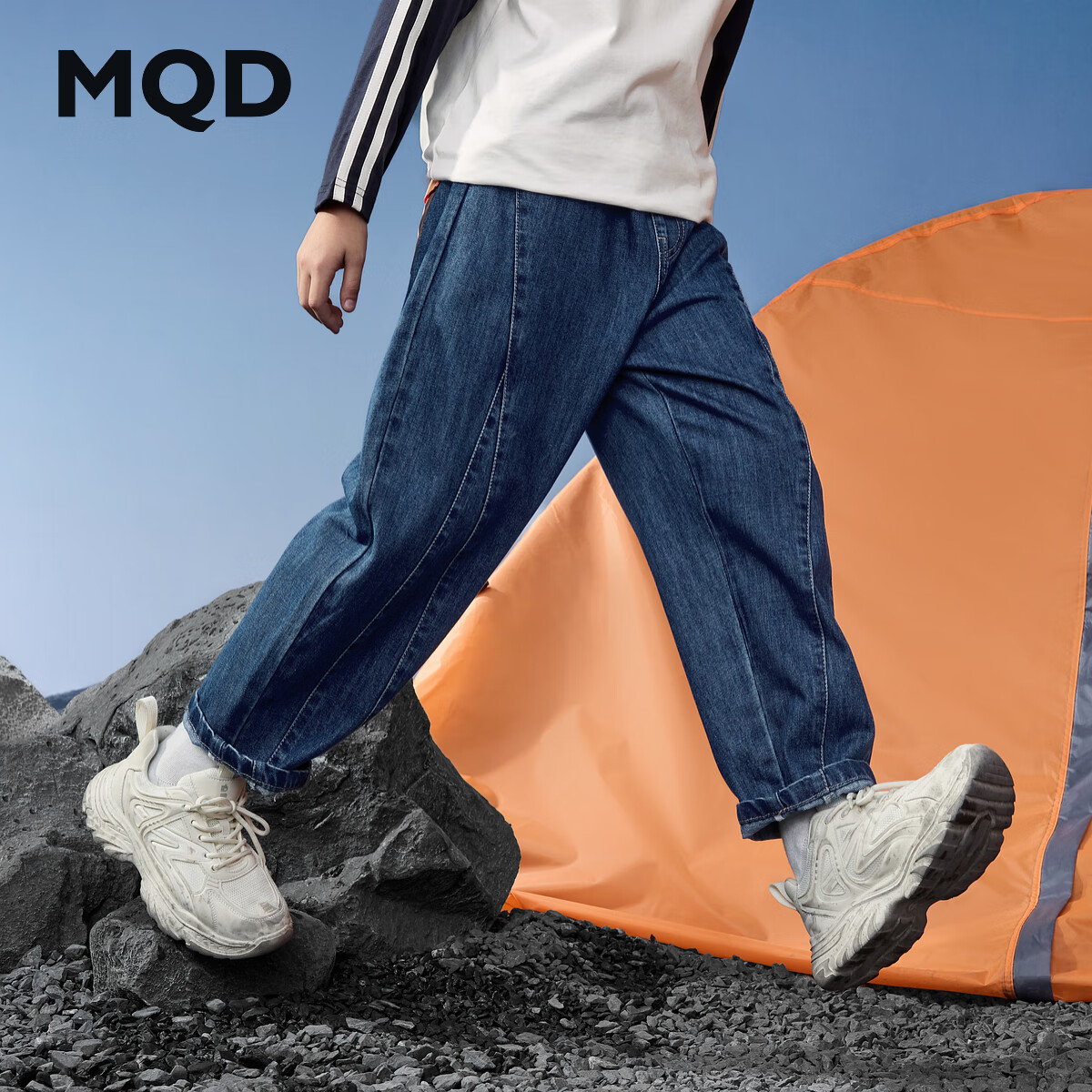 马骑顿(MQD)【老爹裤】男童25秋新款街潮学院风立体剪裁撞色口袋牛仔裤 深牛仔蓝 140