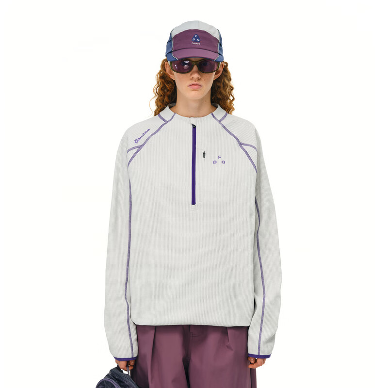 FPA半拉链速干运动t恤男 春秋季潮流半高领宽松情侣装撞色明线长袖 白灰色 M