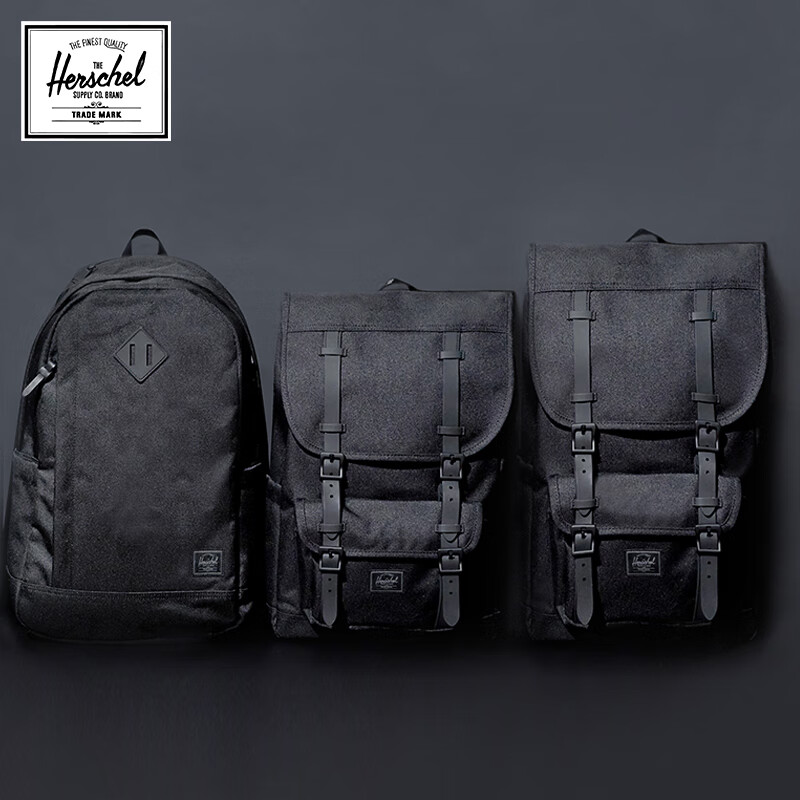 Herschel加拿大25新品黑标Little America双肩包30L通勤旅行背包 纯黑色