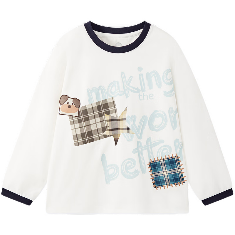 马骑顿（MQD）男童25秋新款学院风街潮撞色领口卡通长袖T恤亲肤打底衫内搭 本白 140