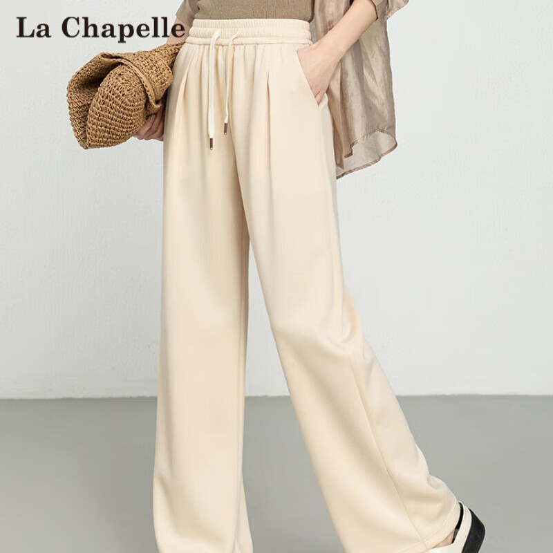 拉夏貝爾（La Chapelle）休閑運動褲女春秋夏新款時尚洋氣高腰寬松闊腿直筒褲女 杏色 L 105-120斤