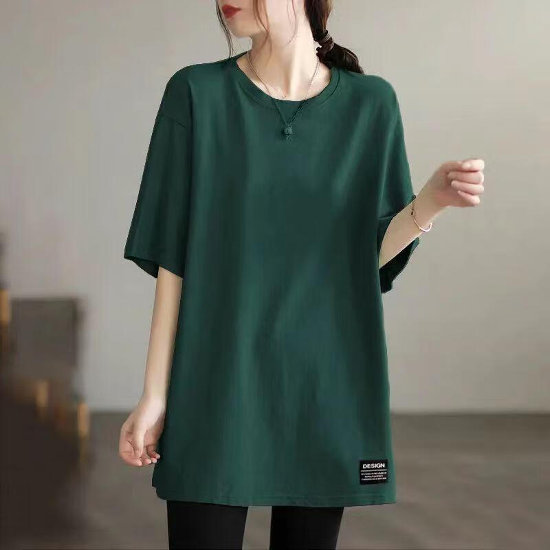 施素清倉撿漏一線大牌專柜商場(chǎng)撤回剪標(biāo)女裝中長(zhǎng)款純棉上衣短袖t恤潮 56綠色【純色款】 L