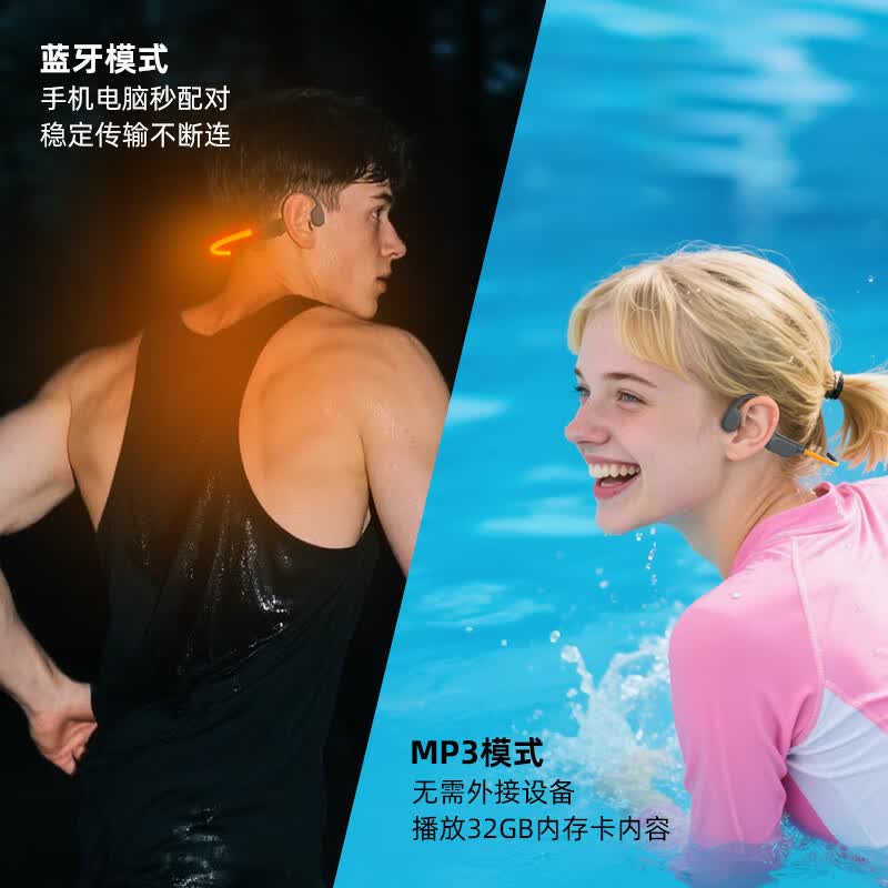 BONETIME骨时X500骨传导蓝牙耳机带灯光8级专业防水游泳跑步骑行32G内存超长续航开放式夜跑骨传导运动耳机 旗舰版【灯效橙】IPX8级防水+16GB内存