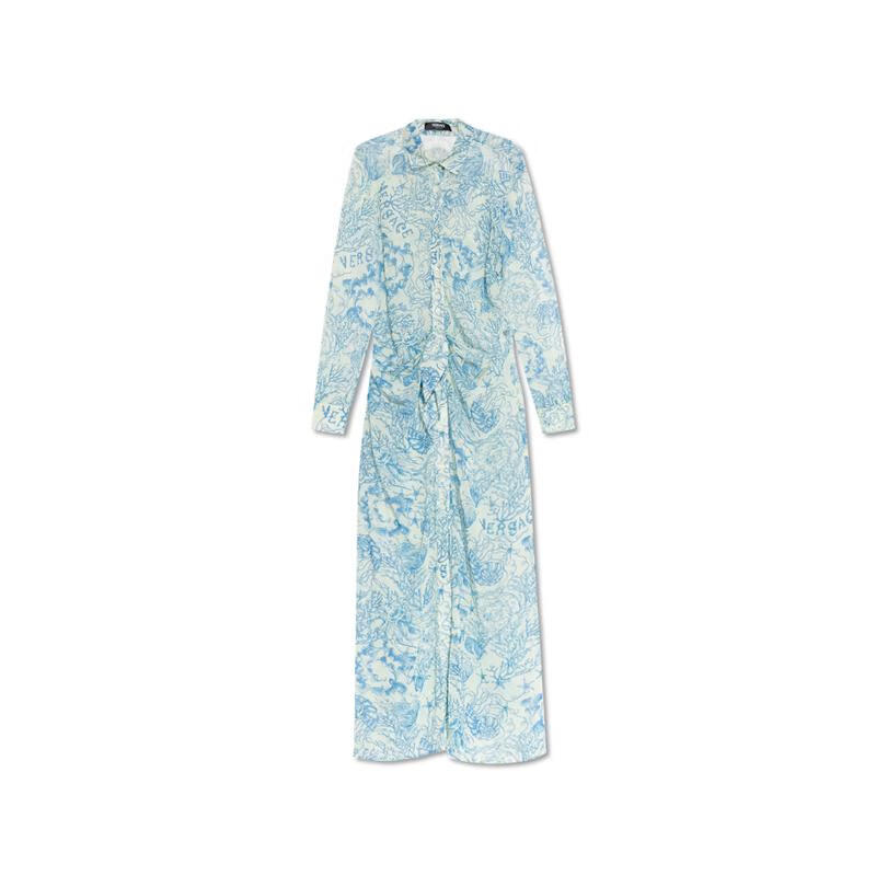 范思哲（VERSACE）女士長袖連衣裙滌綸印花顯瘦氣質(zhì)連衣裙 藍色 均碼 |IT-40