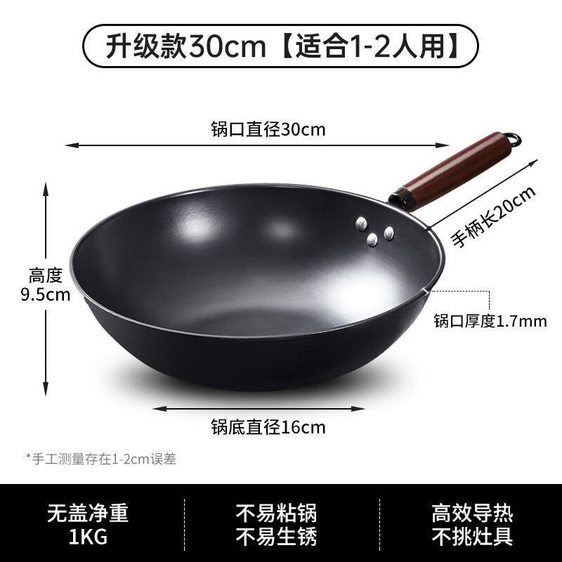 厨老大手工锻打老式铁锅平底无涂层炒锅精铁不粘章丘炒菜锅电磁炉燃气灶 【已开锅】不易锈+平底无盖 30cm