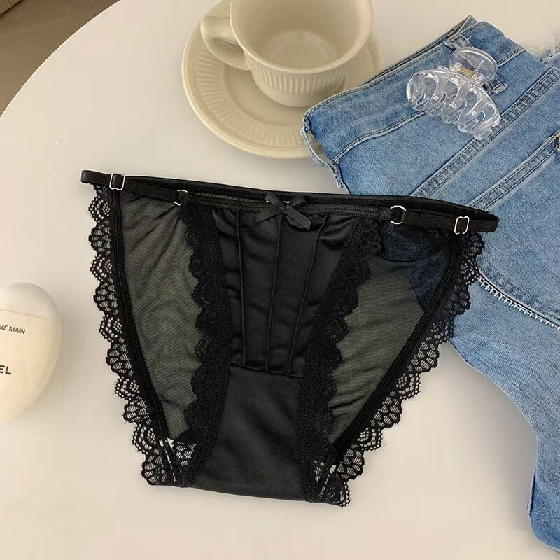 稚蝶三角内裤少女冰丝缎面纯欲风性感高叉网纱 女士蕾丝低腰裤头 粉色 1条 L （125-140）