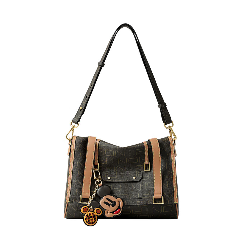 菲安妮Fion/菲安妮迪士尼米奇邮差托特包复古老花通勤大容量单肩斜挎包 深咖棕