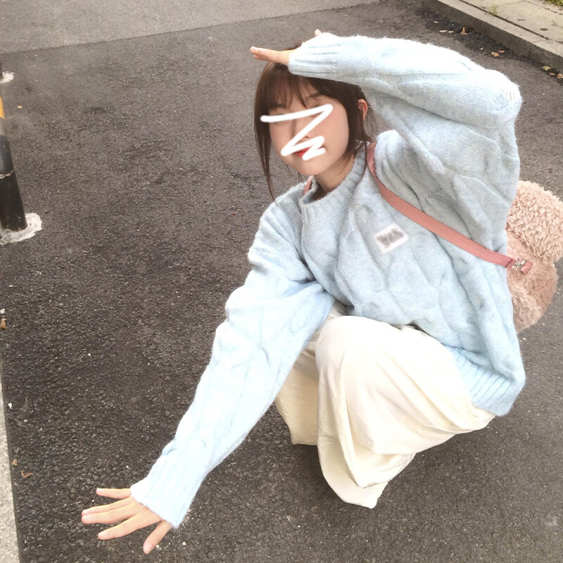 翊尚美软糯毛衣女秋冬2025年新款休闲外穿圆领上衣慵懒风宽松套头针织衫 天蓝色 【升级软糯面料】 均码 【适合80-140斤】