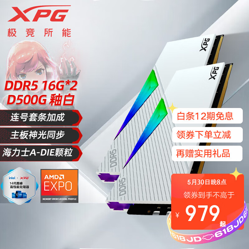 XPG威刚 龙耀 D500G DDR5内存条16/32/96G套条RGB神光同步灯条台式电脑海力士A-DIE颗粒华硕吹雪联名 D500G  釉白【16G*2套条】 32GB 2条套条 6400MHz 