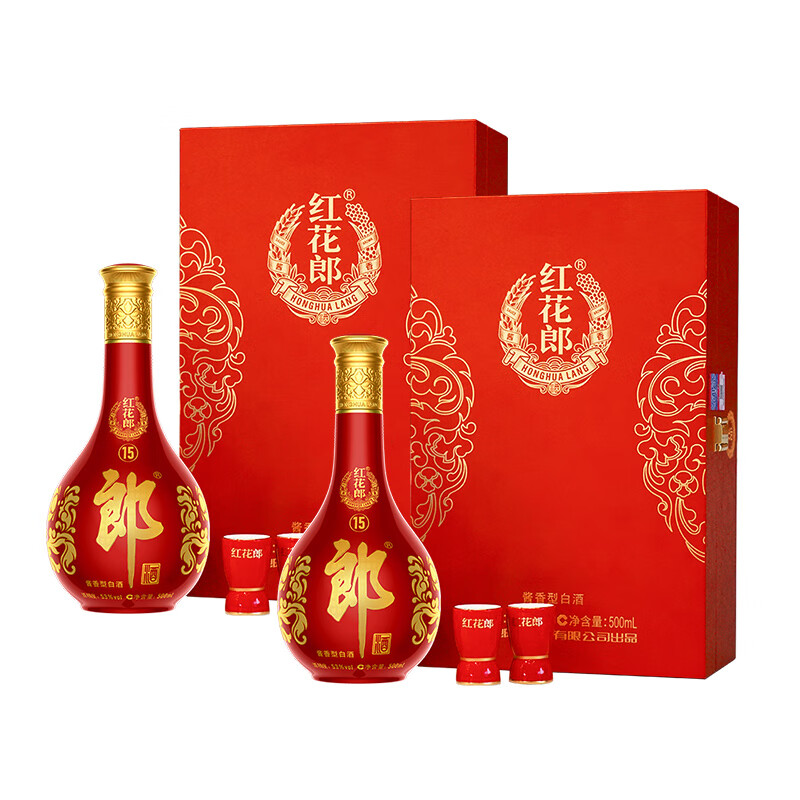 郎酒 红花郎10/15 酱香型高度白酒 53度（新老包装随机发货） 【红花郎15单礼盒*2】