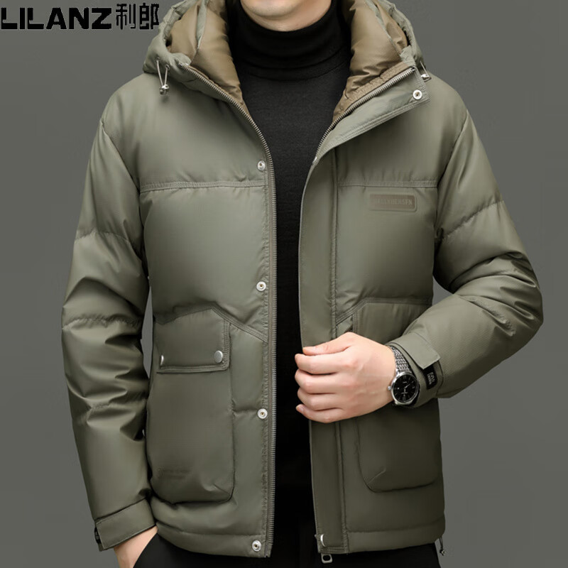 利郎服男2025中年时尚休闲连帽加厚保暖白鸭绒外套冬 米白 4XL 195 建议185-200斤