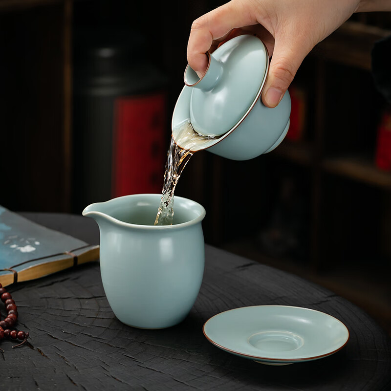 京峰阁 茶具三才盖碗 汝窑圆满高端泡茶碗开片可养蝉翼纹乔迁送礼三件套 圆满盖碗（天青）