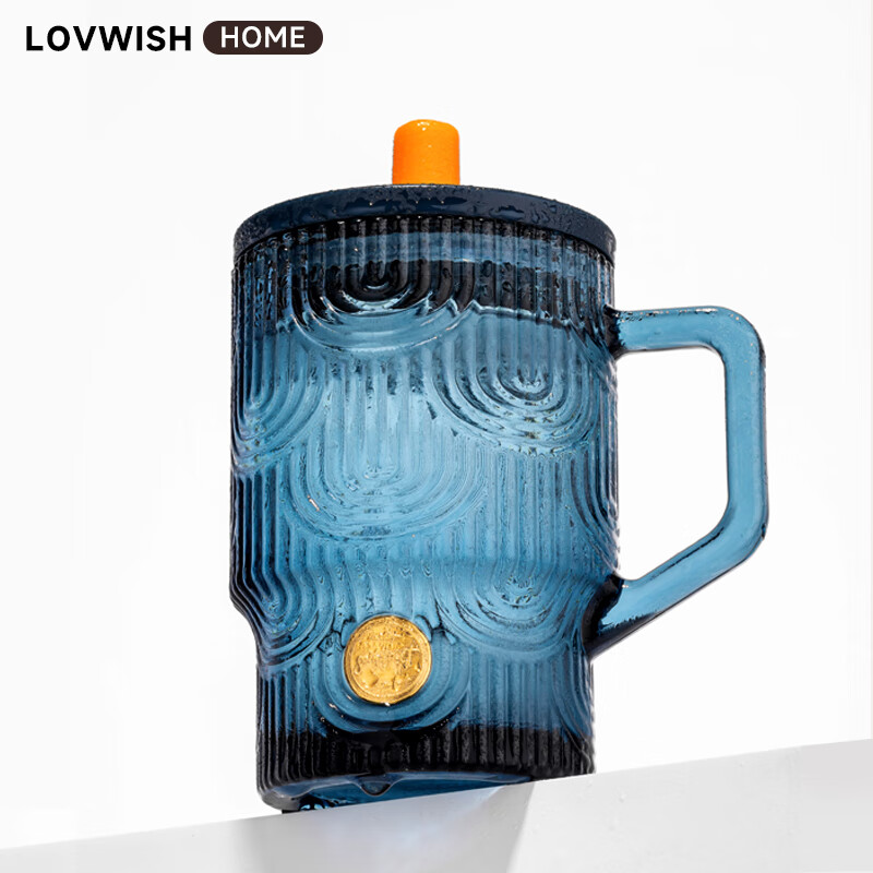 乐唯诗 LOVWISH高颜值原色玻璃吸管杯大容量女办公室夏季水杯咖啡杯带把牛奶杯子