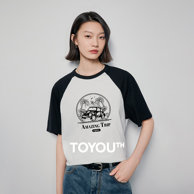 初语插肩袖宽松显瘦T恤女2025夏季新款风景印花纯棉减龄多色上衣 黑-白-风景 M