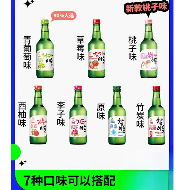 真露（JINRO）青葡萄草莓果酒整箱水果燒酒360ml*20瓶整箱韓 7種口味自選20瓶送原裝杯*1