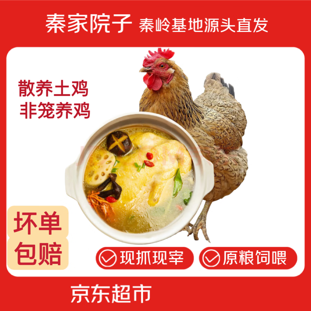 秦家院子无抗黄油跑山老母鸡煲汤月子鸡散养生鲜整鸡肉净重2.4斤源头直发