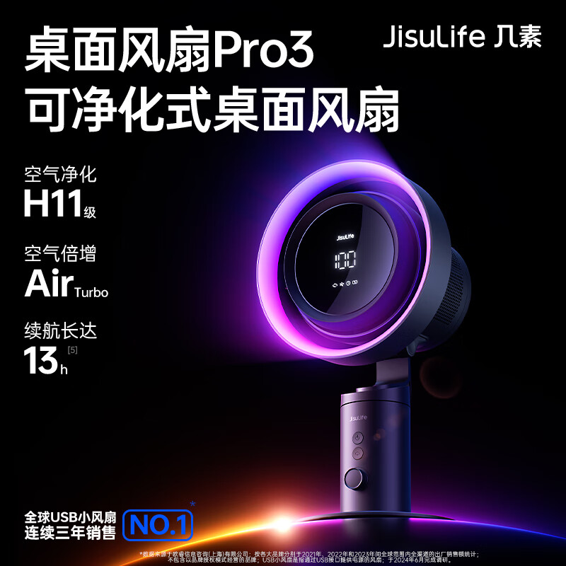 几素【重磅新品】风宝桌面风扇轻音办公室小风扇桌上桌搭宿舍床上充电无线床头台式空气净化电风扇Pro3